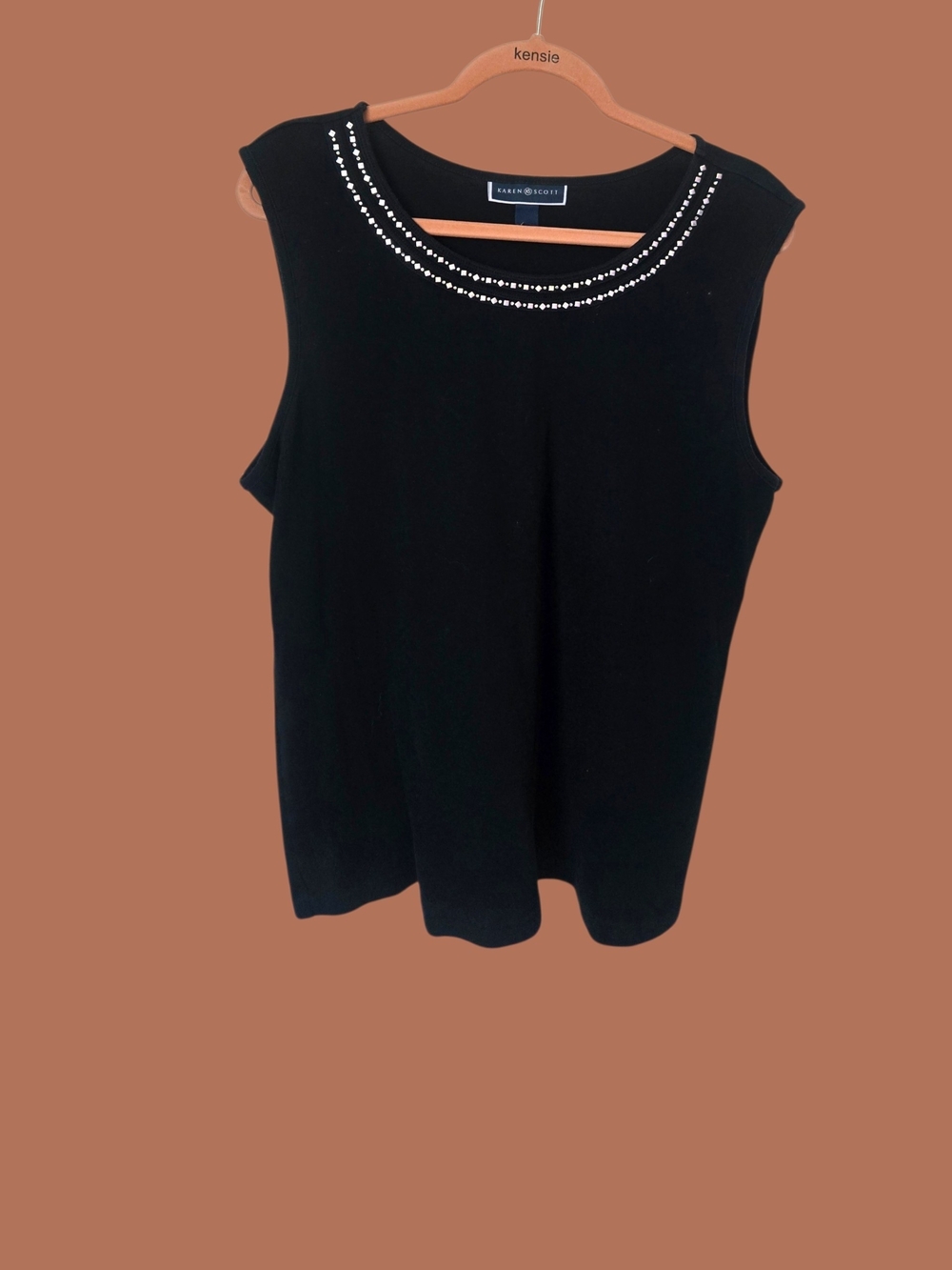 Karen Scott Black Sleeveless Top with Rhinestone Neckline